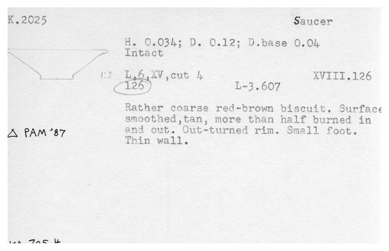 Index card with typed and handwritten information, sometimes including a sketch, of pottery from an excavation.