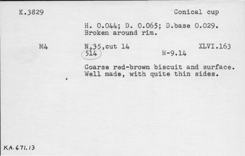 Index card with typed and handwritten information, sometimes including a sketch, of pottery from an excavation.