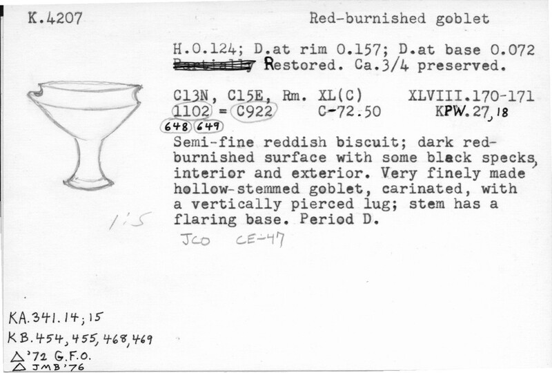 Index card with typed and handwritten information, sometimes including a sketch, of pottery from an excavation.
