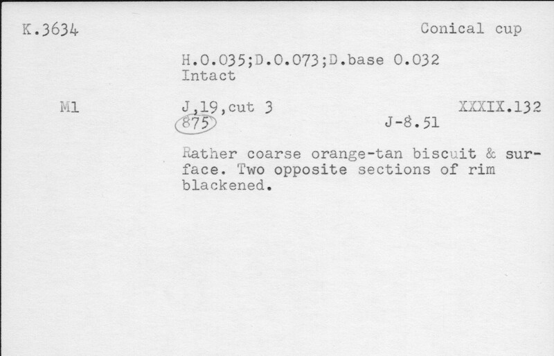 Index card with typed and handwritten information, sometimes including a sketch, of pottery from an excavation.