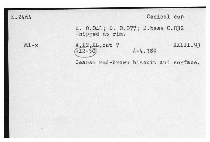 Index card with typed and handwritten information, sometimes including a sketch, of pottery from an excavation.