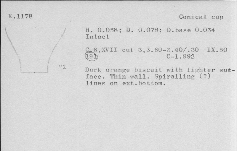 Index card with typed and handwritten information, sometimes including a sketch, of pottery from an excavation.