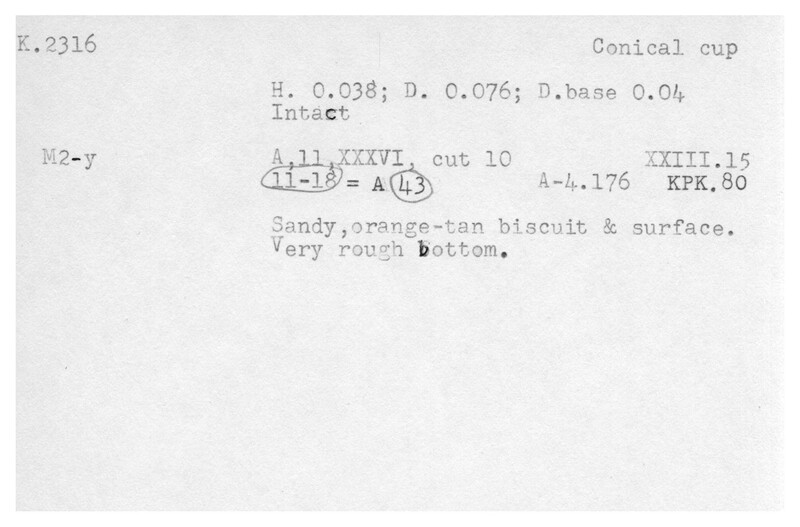Index card with typed and handwritten information, sometimes including a sketch, of pottery from an excavation.