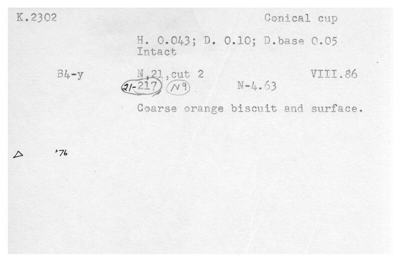 Index card with typed and handwritten information, sometimes including a sketch, of pottery from an excavation.
