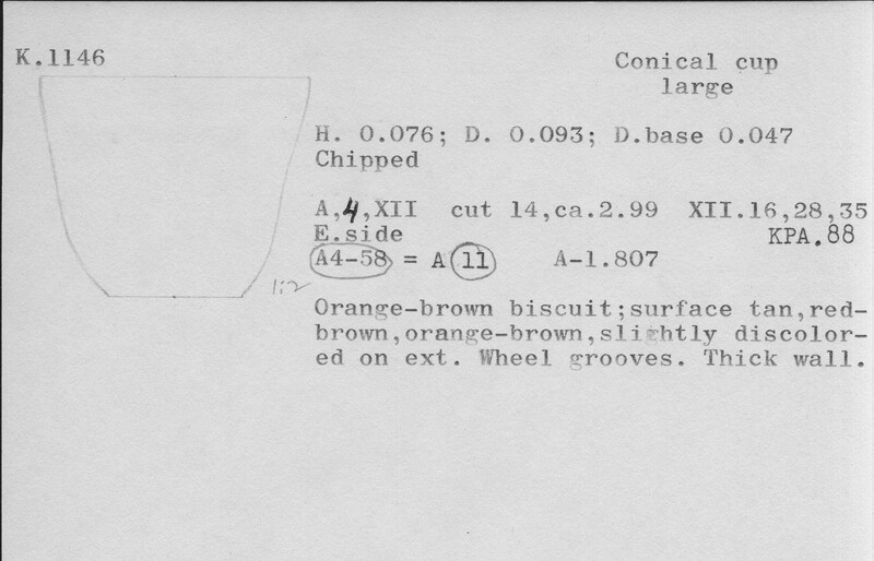 Index card with typed and handwritten information, sometimes including a sketch, of pottery from an excavation.