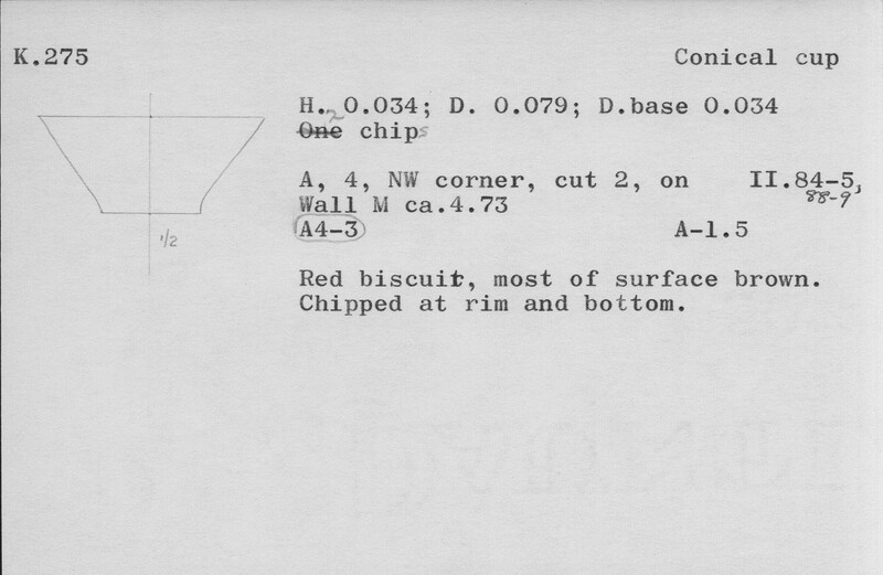 Index card with typed and handwritten information, sometimes including a sketch, of pottery from an excavation.
