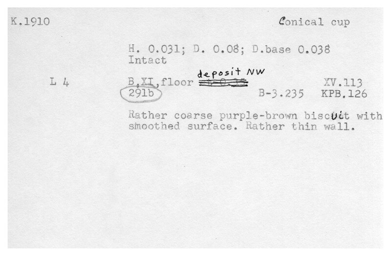 Index card with typed and handwritten information, sometimes including a sketch, of pottery from an excavation.