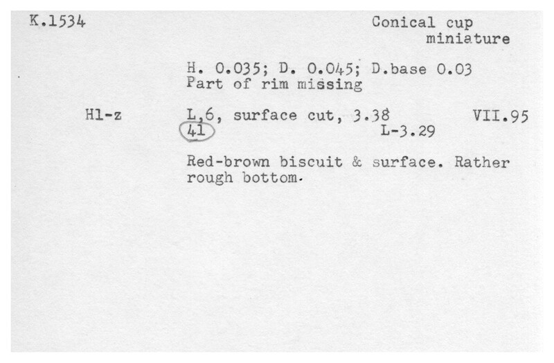 Index card with typed and handwritten information, sometimes including a sketch, of pottery from an excavation.