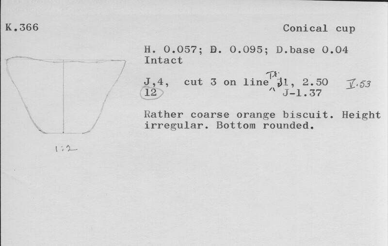 Index card with typed and handwritten information, sometimes including a sketch, of pottery from an excavation.