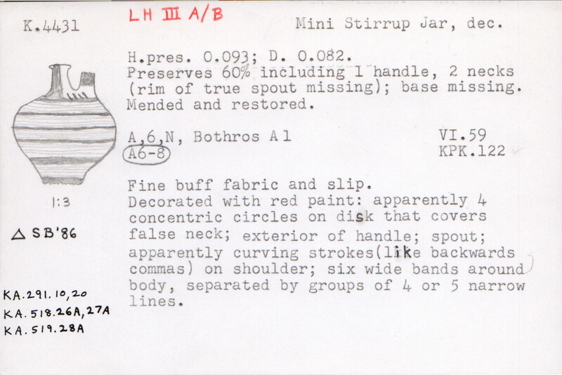 Index card with typed and handwritten information, sometimes including a sketch, of pottery from an excavation.