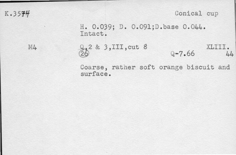 Index card with typed and handwritten information, sometimes including a sketch, of pottery from an excavation.