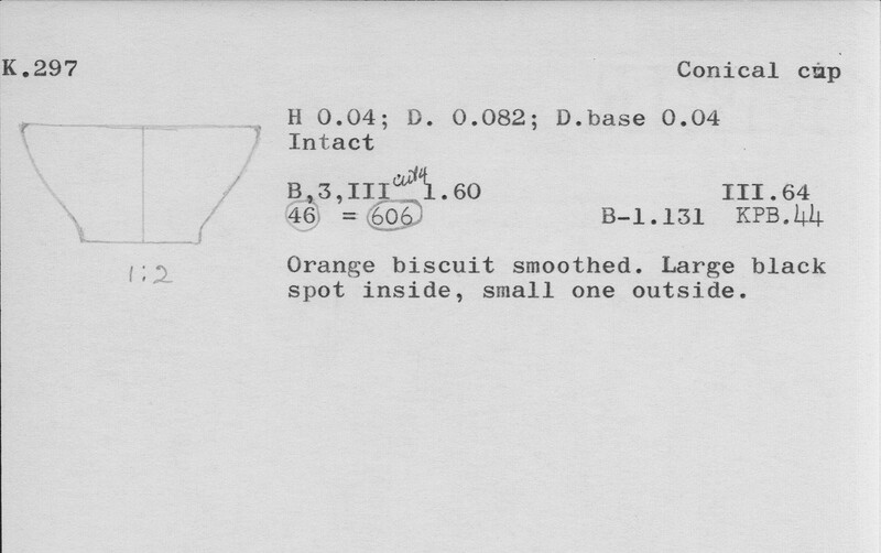 Index card with typed and handwritten information, sometimes including a sketch, of pottery from an excavation.