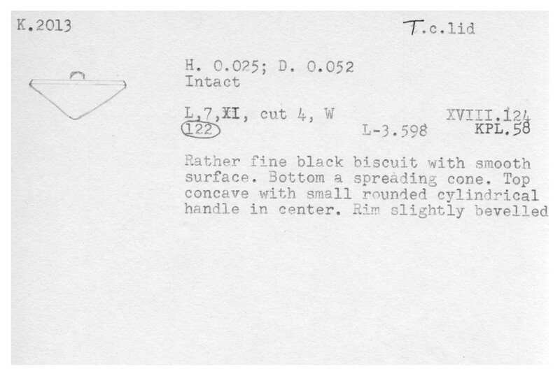 Index card with typed and handwritten information, sometimes including a sketch, of pottery from an excavation.