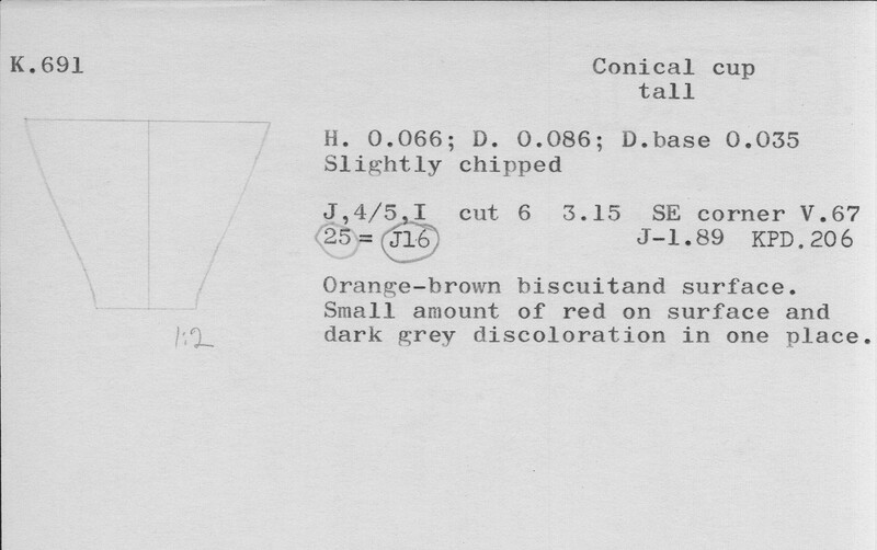 Index card with typed and handwritten information, sometimes including a sketch, of pottery from an excavation.