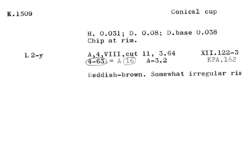 Index card with typed and handwritten information, sometimes including a sketch, of pottery from an excavation.