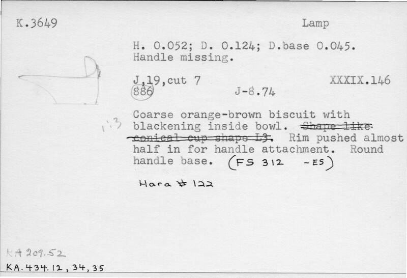 Index card with typed and handwritten information, sometimes including a sketch, of pottery from an excavation.