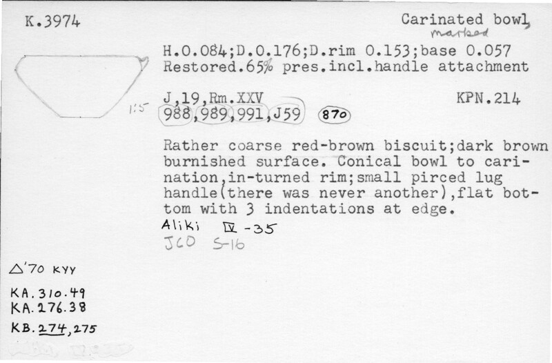 Index card with typed and handwritten information, sometimes including a sketch, of pottery from an excavation.