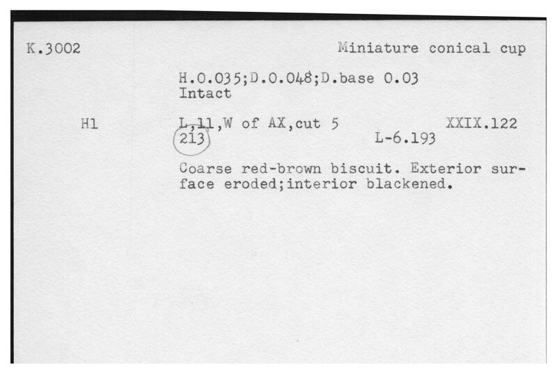 Index card with typed and handwritten information, sometimes including a sketch, of pottery from an excavation.
