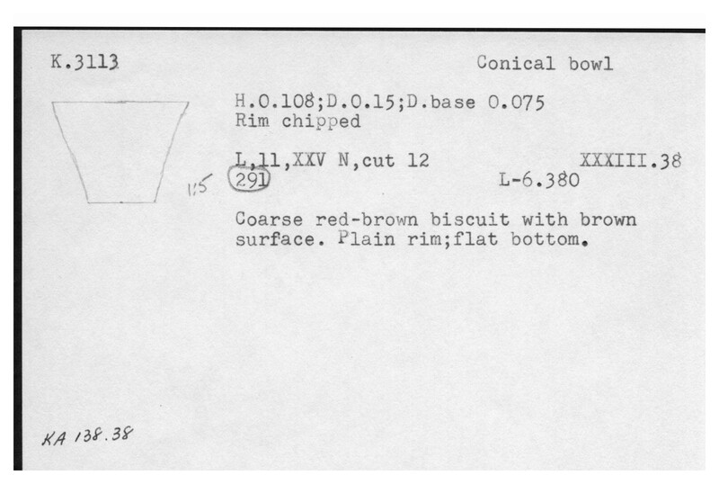 Index card with typed and handwritten information, sometimes including a sketch, of pottery from an excavation.