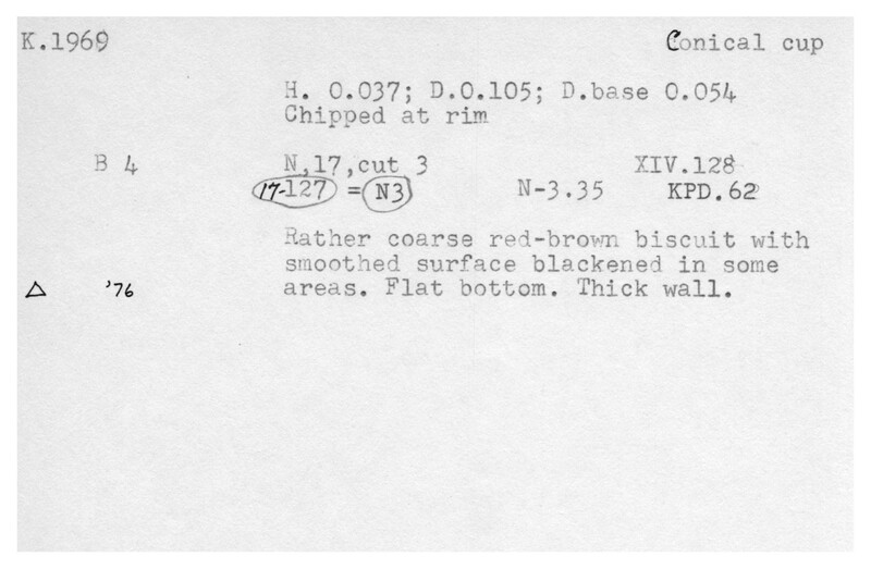 Index card with typed and handwritten information, sometimes including a sketch, of pottery from an excavation.