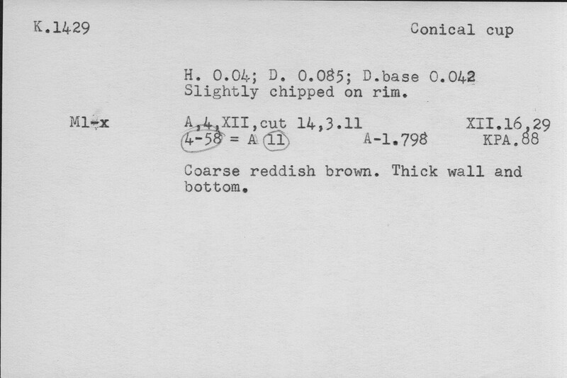 Index card with typed and handwritten information, sometimes including a sketch, of pottery from an excavation.