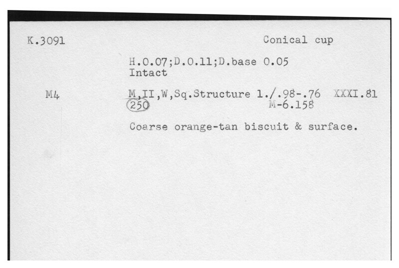 Index card with typed and handwritten information, sometimes including a sketch, of pottery from an excavation.
