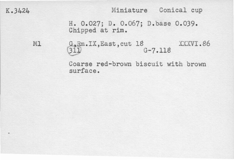 Index card with typed and handwritten information, sometimes including a sketch, of pottery from an excavation.