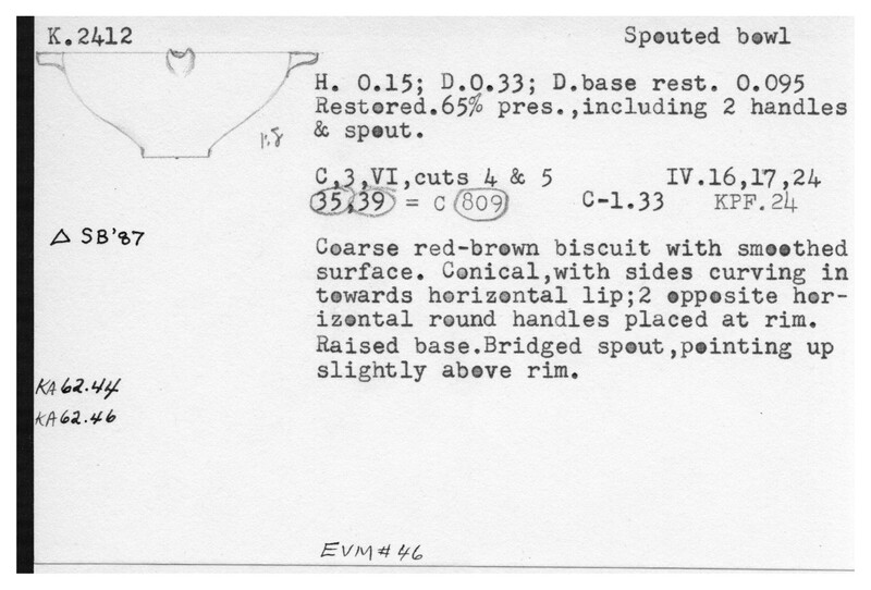 Index card with typed and handwritten information, sometimes including a sketch, of pottery from an excavation.