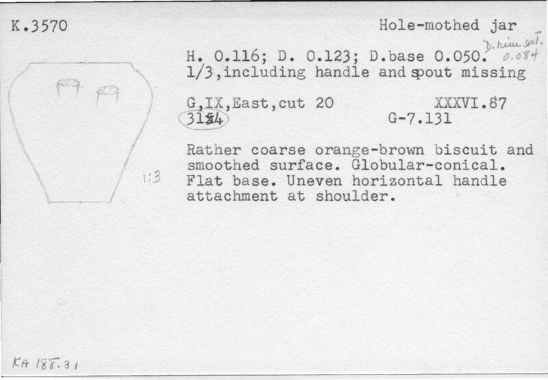 Index card with typed and handwritten information, sometimes including a sketch, of pottery from an excavation.
