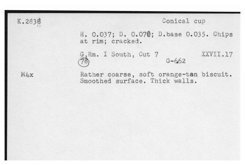 Index card with typed and handwritten information, sometimes including a sketch, of pottery from an excavation.