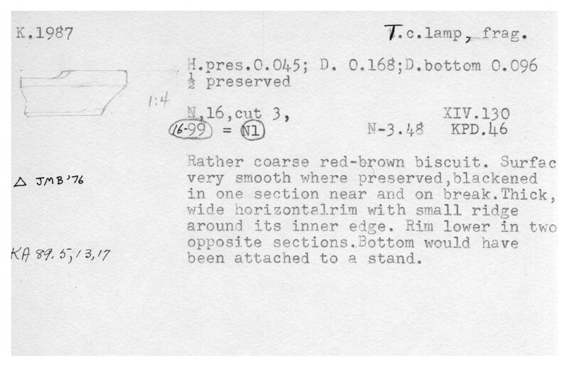 Index card with typed and handwritten information, sometimes including a sketch, of pottery from an excavation.