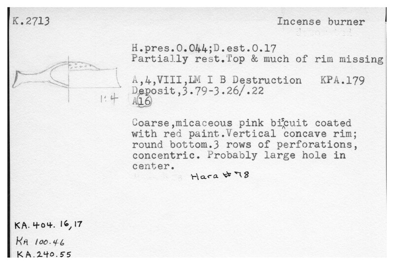 Index card with typed and handwritten information, sometimes including a sketch, of pottery from an excavation.