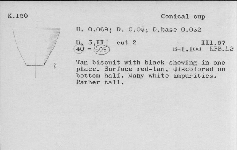 Index card with typed and handwritten information, sometimes including a sketch, of pottery from an excavation.