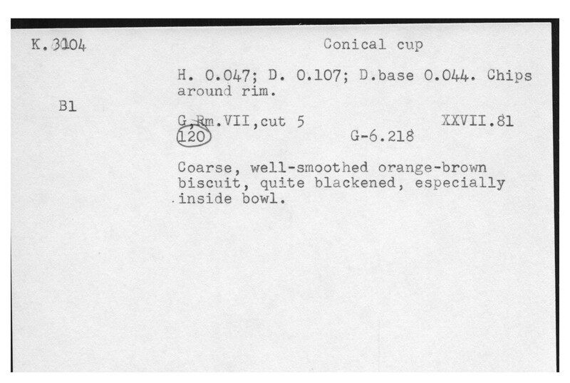 Index card with typed and handwritten information, sometimes including a sketch, of pottery from an excavation.