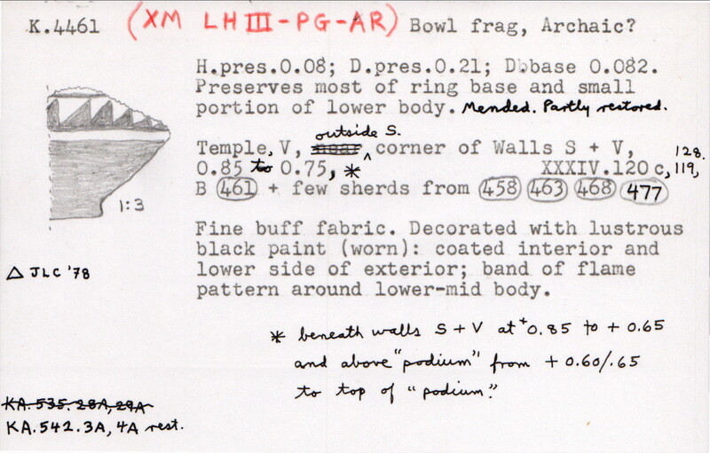 Index card with typed and handwritten information, sometimes including a sketch, of pottery from an excavation.
