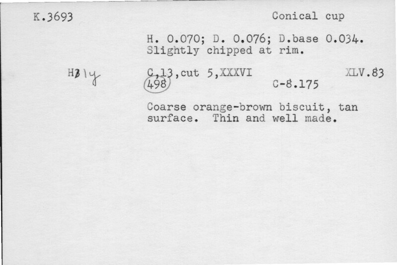 Index card with typed and handwritten information, sometimes including a sketch, of pottery from an excavation.