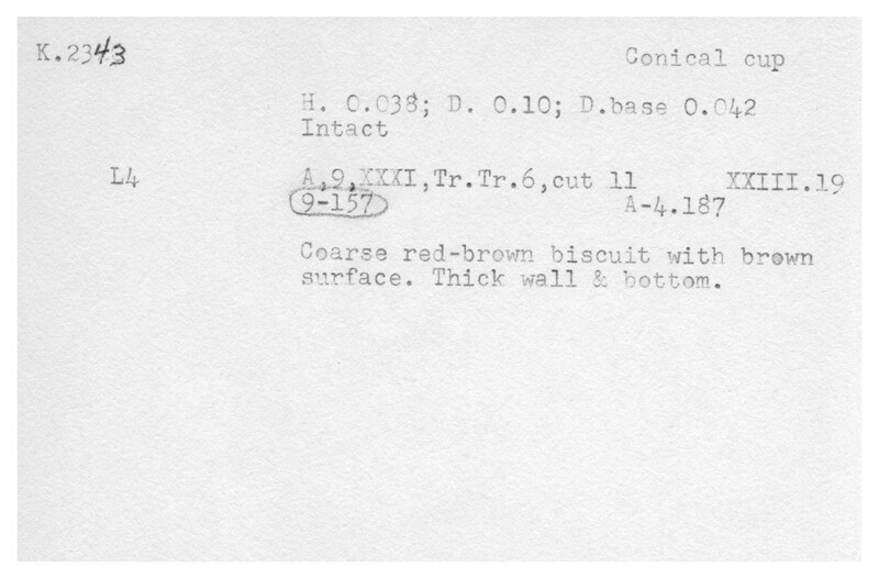 Index card with typed and handwritten information, sometimes including a sketch, of pottery from an excavation.