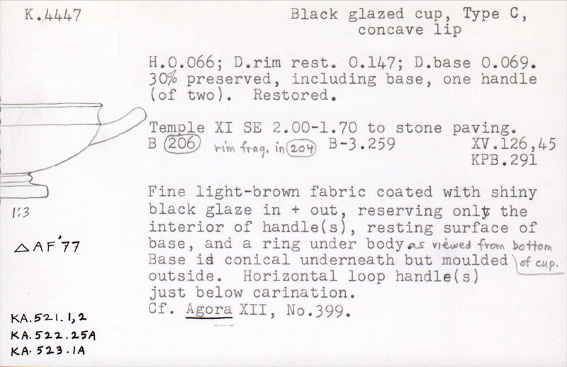 Index card with typed and handwritten information, sometimes including a sketch, of pottery from an excavation.