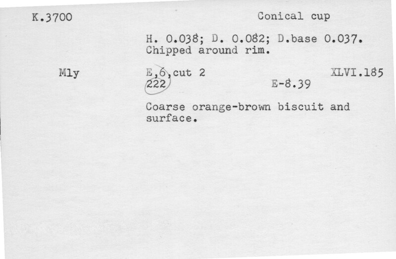 Index card with typed and handwritten information, sometimes including a sketch, of pottery from an excavation.