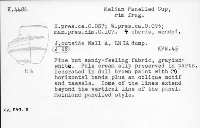 Index card with typed and handwritten information, sometimes including a sketch, of pottery from an excavation.