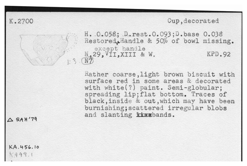 Index card with typed and handwritten information, sometimes including a sketch, of pottery from an excavation.