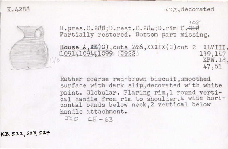 Index card with typed and handwritten information, sometimes including a sketch, of pottery from an excavation.