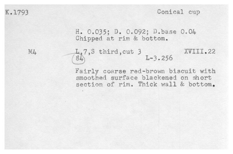 Index card with typed and handwritten information, sometimes including a sketch, of pottery from an excavation.
