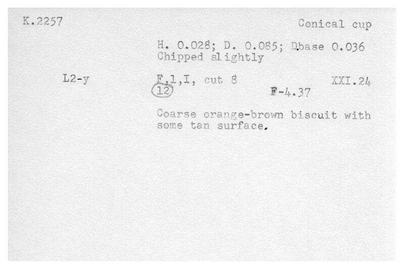 Index card with typed and handwritten information, sometimes including a sketch, of pottery from an excavation.