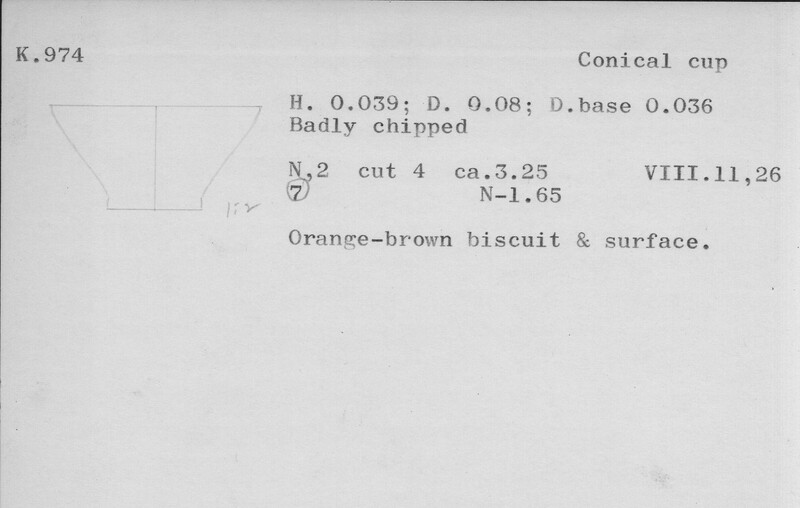 Index card with typed and handwritten information, sometimes including a sketch, of pottery from an excavation.