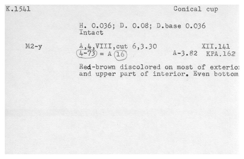 Index card with typed and handwritten information, sometimes including a sketch, of pottery from an excavation.