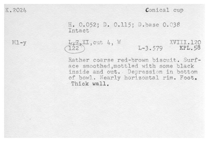 Index card with typed and handwritten information, sometimes including a sketch, of pottery from an excavation.