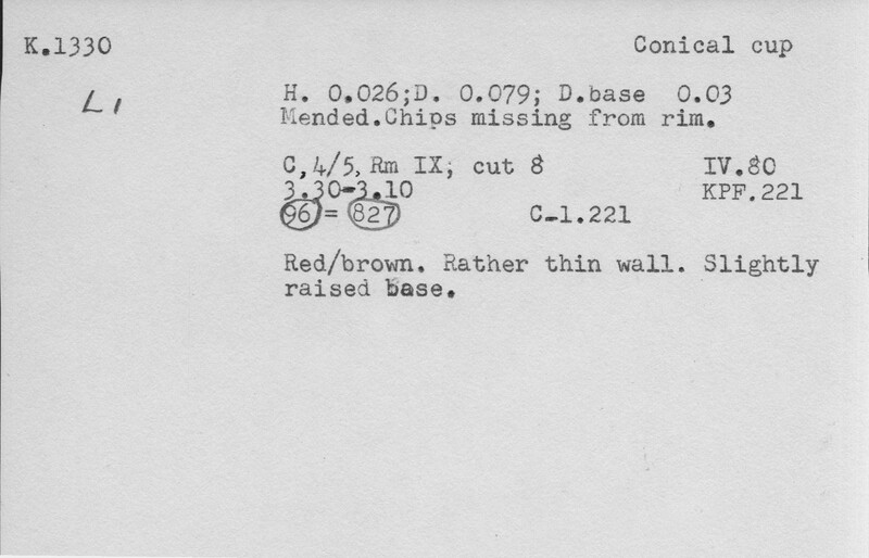 Index card with typed and handwritten information, sometimes including a sketch, of pottery from an excavation.