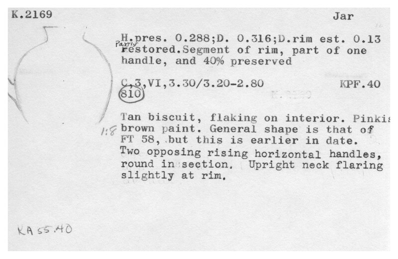 Index card with typed and handwritten information, sometimes including a sketch, of pottery from an excavation.