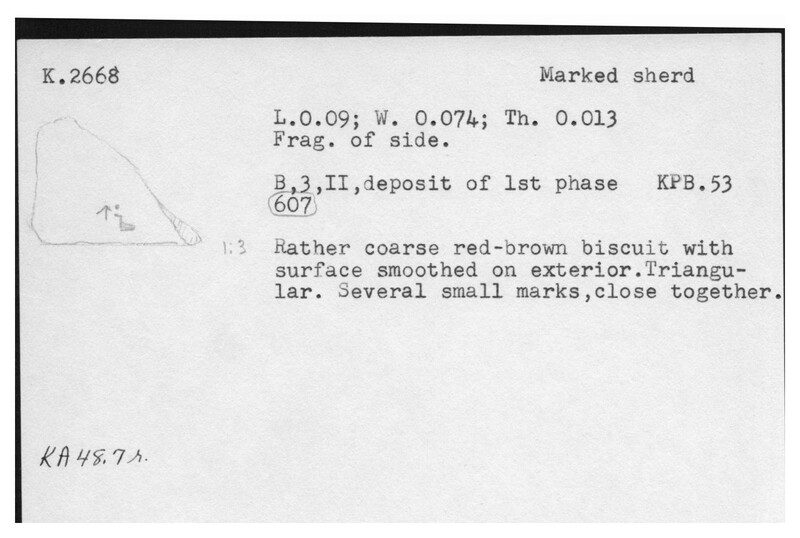 Index card with typed and handwritten information, sometimes including a sketch, of pottery from an excavation.